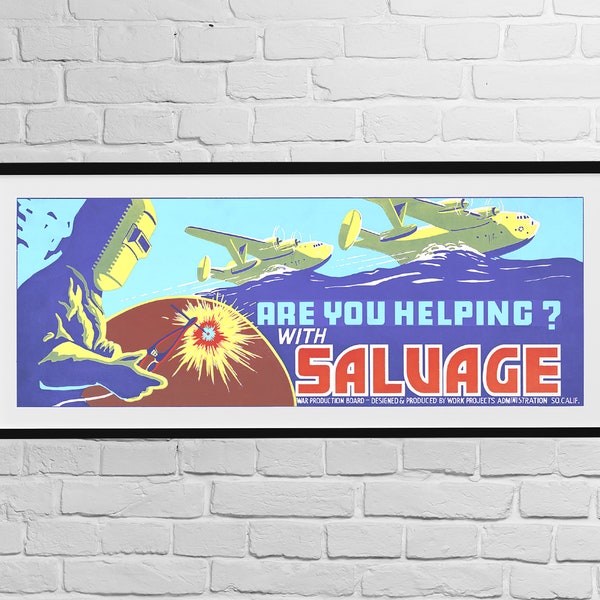 Are You Helping Salvage WPA Art Digital Poster Welder Seaplanes Work Projects Administration War WWII Propaganda Printable Download  25"x10"
