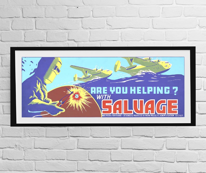 Are You Helping Salvage WPA Art Digital Poster Welder Seaplanes Work Projects Administration War WWII Propaganda Printable Download 25x10 画像 1