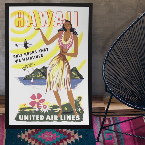 Vintage 1950's United Airlines Hawaii Only Hours Away Hula Girl Travel Advertisement Printable Poster Download 16"x24" 12"x18" 8"x12"