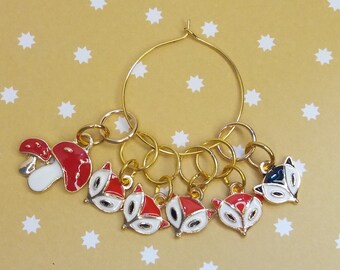 Marcadores de puntada, 6 zorros pequeños y un hongo rojo, accesorio de ganchillo de punto, regalo de punto
