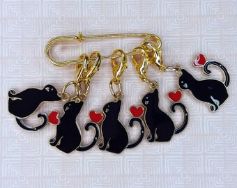 Marcadores de puntada, 5 gatos negros, colgantes, anillos de marcador de punto, regalos de punto, accesorios de ganchillo, hechos a mano