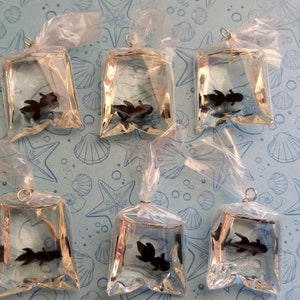 K&ouml;nnte beinhalten: Sechs klare Plastikt&uuml;ten, jede mit einem kleinen schwarzen Fisch, sind auf einem hellblauen Hintergrund mit einem Muschelmuster angeordnet. Die T&uuml;ten sind oben mit einem silbernen Ring zum Aufh&auml;ngen gebunden.