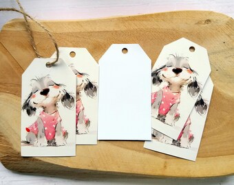 5 étiquettes cadeaux avec ficelle en jute. Illustration Chien mignon et débraillé, parfaite pour la Valentin, les mariages