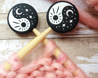 Bouchons de point tricot Soleil et lune, Yin-Yang-2 protecteurs d'aiguilles à tricoter, accessoire tricot, cadeau tricot, perles silicone