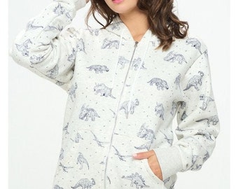 Dino Print  Zipper Hoodie With Pockets And Fleece Lining