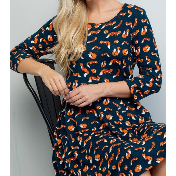 All Over Fox Print In Teal Color Winter Tunic Dress