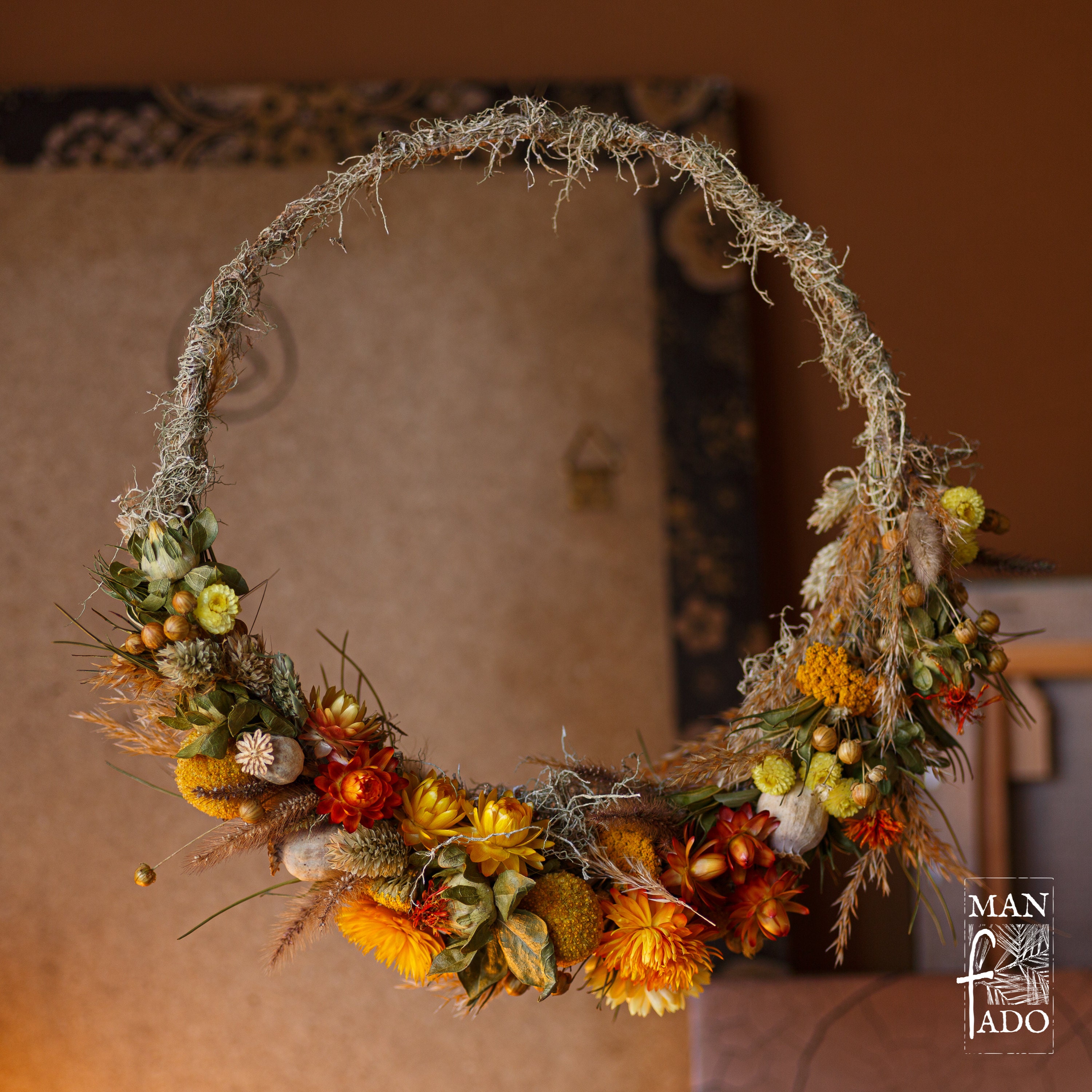 Couronne Murale de Fleurs Séchées Orange