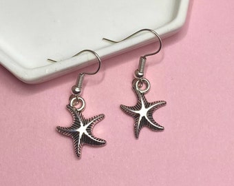 Silver Starfish Earrings // Starfish charm earrings, Silver starfish charms, Dangly charm earrings, Starfish lover, Gifts for her