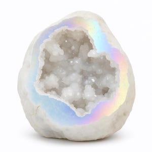 Op de afbeelding: Een witte geode met een holte gevuld met sprankelende kristallen. De buitenrand van de geode heeft een iriserende regenboogglans. De geode heeft een natuurlijke, organische vorm, ideaal voor interieurdecoratie of kristalcollecties.