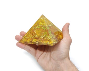 Orgonite Pyramid "Golden People" - Spiritual Crystal with Gemstones | Citrine | Yellow Opal | Herkimer Diamond [Size Medium - Large]
