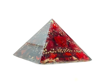 Orgonite Pyramid "Blood of the Mountain" - Spiritual Crystal with Gemstones | Ruby | Thulite | Garnet | Carnelian [Size Medium - Large]