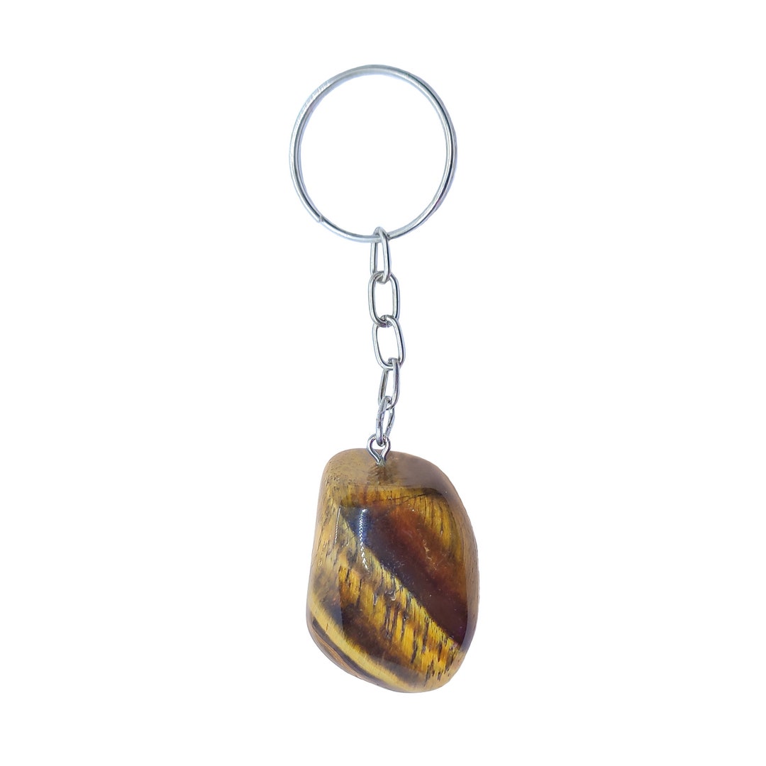 Tiger Eye Keychain Tumbled Stone Bronze, Brown, Golden Shimmering