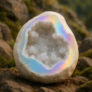 May include: A geode with a rough, off-white exterior and a cavity filled with sparkling white crystals. The opening is framed by a shimmering, iridescent band of rainbow colours. The geode rests on rocks and moss, creating a natural display.