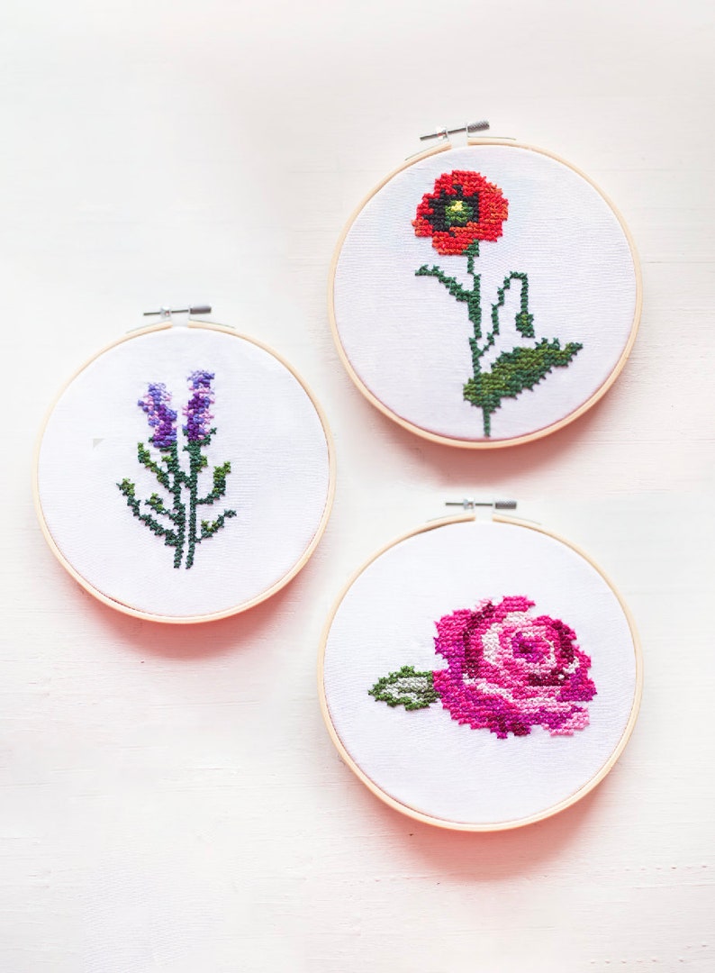 Calanthe Cross Stitch PDF Embroidery Pattern Includes Rose, Poppy & Lavender Gingham Embroidery image 4