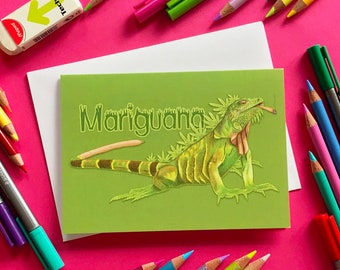 Tarjeta de felicitación A6 con ilustración de animales divertidos y juego de palabras sobre marihuana, iguana de marihuana, hierba, cannabis, arte de fumetas, interior en blanco