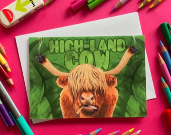 Vaca de las Tierras Altas, Tarjeta de felicitación A6 ilustrada con animal gracioso, Highland, Juego de palabras con marihuana, cannabis, interior en blanco