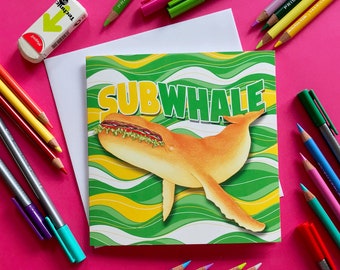 Tarjeta de felicitación ilustrada con divertido juego de palabras con ballena submarina, ballena del metro, interior en blanco