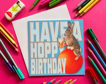 Feliz cumpleaños, Conejo, Conejito feliz, Tarjeta de cumpleaños divertida con animales, Interior en blanco.