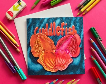 Tarjeta de felicitación ilustrada con un lindo juego de palabras con forma de pez cariñito, sepia, en blanco por dentro, tarjetas para ella, tarjetas para él