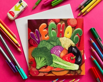 Veghog, Tarjeta de felicitación ilustrada con juego de palabras de animales adorables, erizo, interior en blanco,