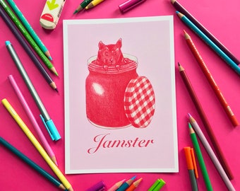 Impresión digital ilustrada con un divertido juego de palabras sobre hámsters, Jamster, tamaño A4/A5 sin marco.