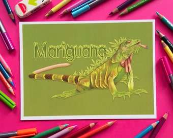 Impresión digital ilustrada con un divertido juego de palabras sobre animales, marihuana, iguana, tamaño A4/A5 sin marco.