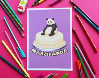 Marzipanda, divertida ilustración digital con juego de palabras sobre animales, panda adorable, mazapán, A4 A5 sin marco