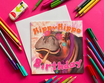 Tarjeta de cumpleaños con ilustración de hipopótamo, divertida tarjeta de cumpleaños con animales, 420 fumetas, interior en blanco.