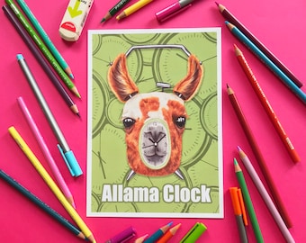 Reloj de llama, lámina digital ilustrada con juego de palabras de animales divertidos, llama adorable, tamaño A4/A5 sin marco