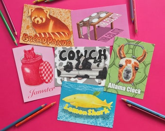Lindo paquete de postales con juegos de palabras sobre animales, juego de 6 postales de arte divertidas, panda rojo divertido, hámster, perezoso, tiburón, llama, vaca, regalos divertidos