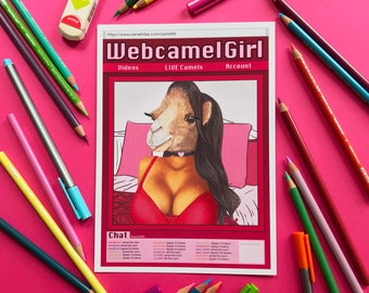 Webcamel Girl, Impresión artística digital ilustrada con divertido juego de palabras con animales, Camel, A4 A5 sin marco