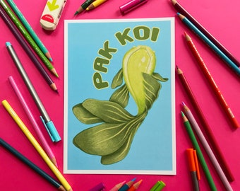Impresión digital ilustrada con un divertido juego de palabras sobre peces Pak Koi, pak choi, bok choi, arte vegetal asiático, tamaño A4/A5 sin marco
