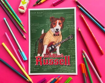 Jack Black Russell, School Of Rock, Funny Dog Pun Illustrated Digital Art Print, A4 A5 Unframed