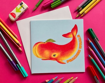 Ballena con melocotón, animal divertido, juego de palabras con melocotón, tarjeta de felicitación ilustrada, interior en blanco