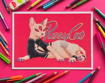 Impresión digital ilustrada de PussyCat, gato sin pelo, divertido juego de palabras con animales, esfinge, bondage, tamaño A4/A5 sin marco