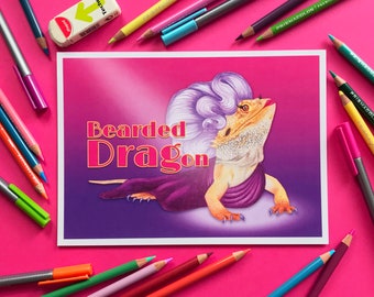 Impresión de arte digital ilustrada con un divertido juego de palabras sobre animales y un dragón barbudo, regalo de drag queen, tamaño A4, A5 sin marco