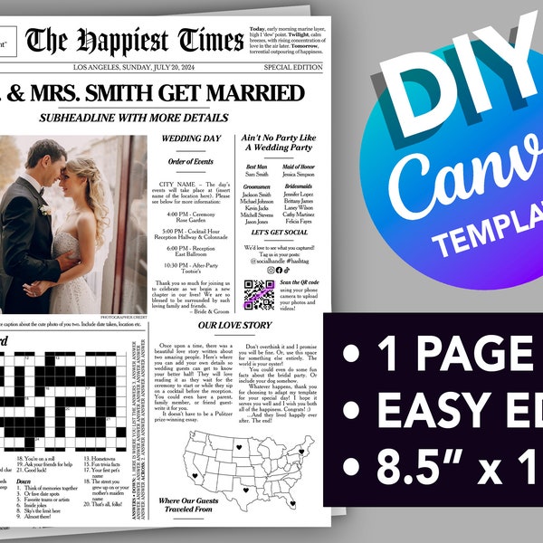 Newspaper Wedding Program Canva Template Fully Editable Easy Customizable Downloadable DIY Print At Home Happiest Times Unique Timeline