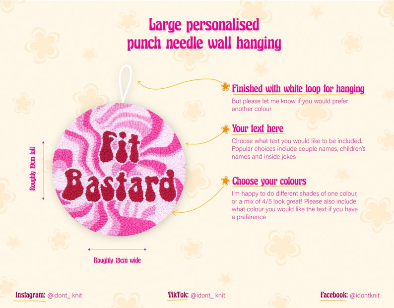 Puede incluir: Una decoraci&oacute;n de pared de aguja perforada de color rosa y blanco con el texto "Fit Bastard" en rojo. La decoraci&oacute;n mide aproximadamente 19 cm de ancho y 19 cm de alto.