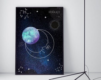 Impression d'art constellation intergalactique - Lune cosmique et planètes