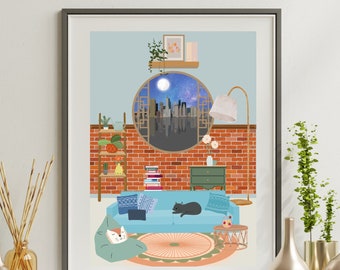 Impression d'art de chambre à coucher de chats de paysage urbain – décoration intérieure
