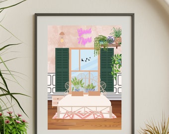 Impression d'art avec vue sur la fenêtre de la chambre à coucher – décoration d'intérieur, illustration de plante