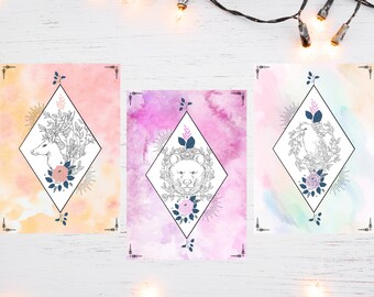 Impressions de cartes postales d'animaux d'hiver | Trio de cerfs, d'ours et d'oiseaux