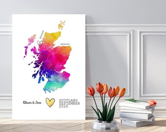 Personalized Watercolor Engagement Map Print - Unique Wedding Gift