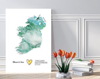 Personalized Watercolor Engagement Map Print - Unique Wedding Gift