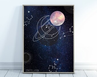 Intergalactic Constellation Art Print - Cosmic Moon and Planets