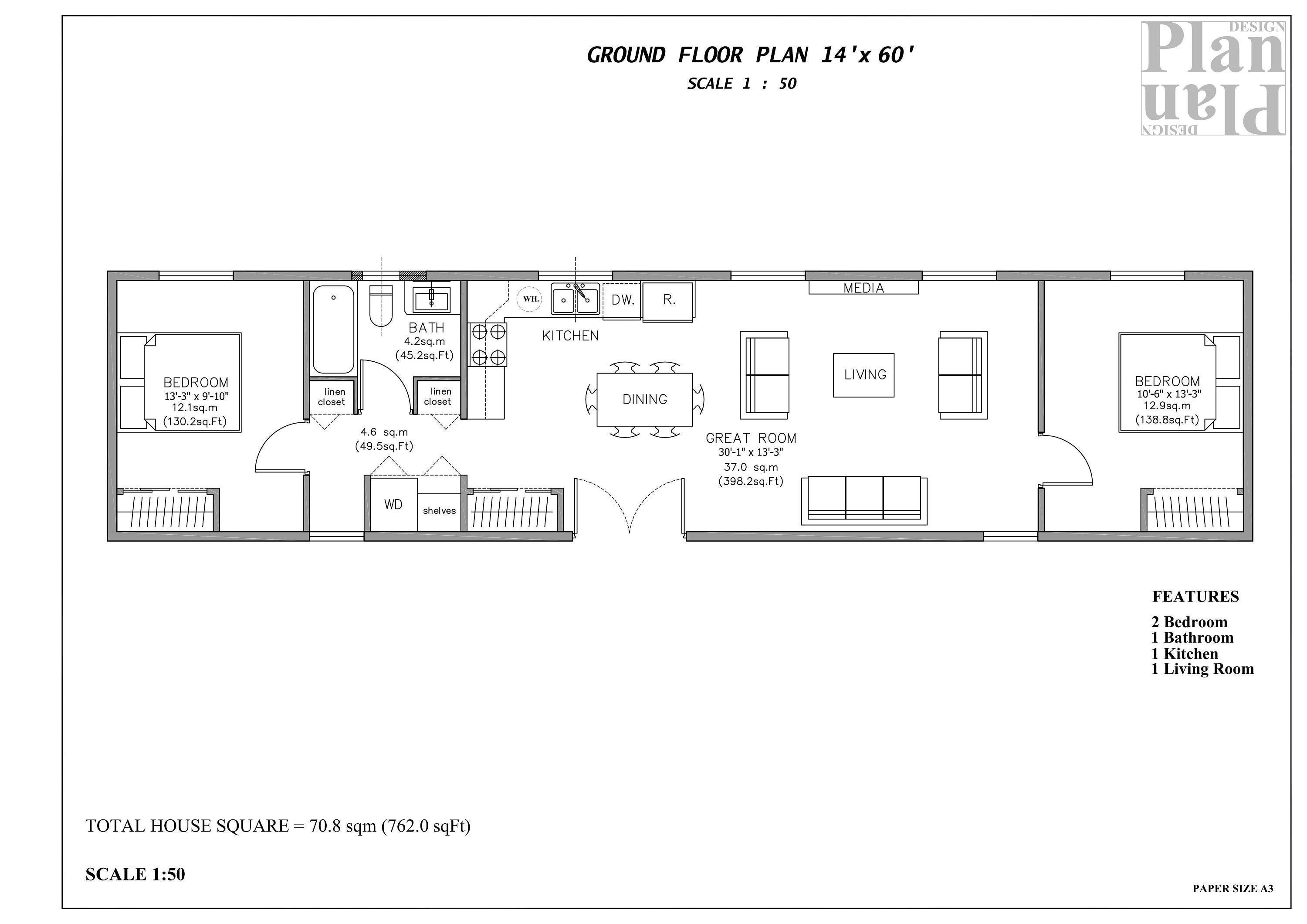 14x60 Mobile Home floor plan 2BR/1BA plan for the mobile