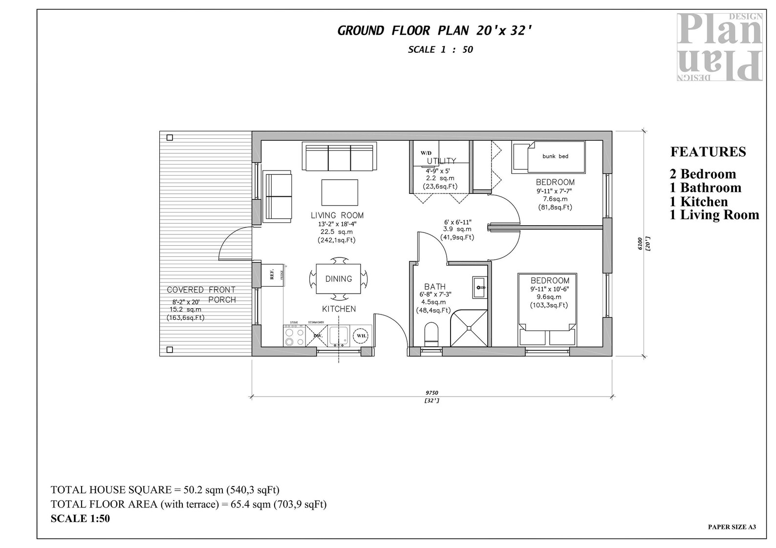20x32 Cabin Floor Plan 2 bed 1 bath Modern house plan 50.2 | Etsy