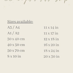 May include: A list of available sizes for digital art prints, including both inches and centimeters. The sizes are listed in two columns, with the inches sizes on the right and the centimeter sizes on the left. The text "Sizes available:" is at the top of the list.