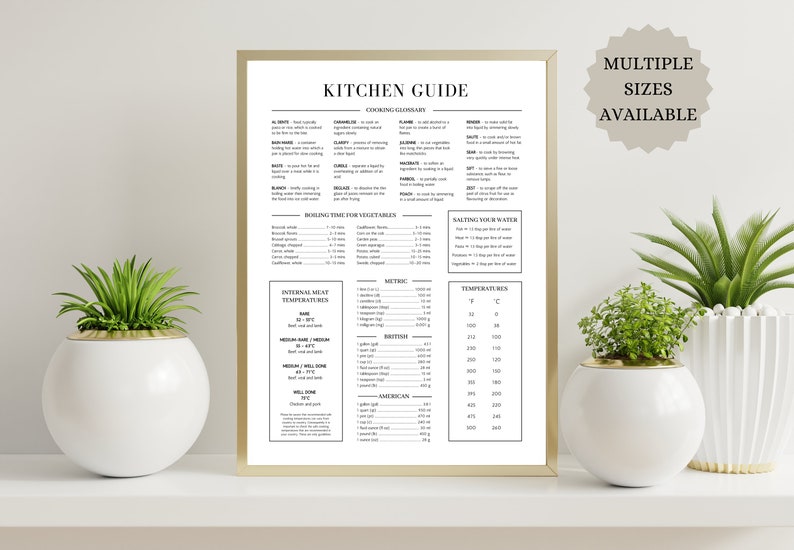 May include: A black and white printable kitchen guide poster with a gold frame. The poster includes a cooking glossary, boiling times for vegetables, internal meat temperatures, and a temperature conversion chart. The poster is displayed on a white shelf with two potted plants.