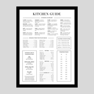May include: Black and white kitchen guide poster with a cooking glossary, boiling time for vegetables, salting your water, metric and imperial measurements, and internal meat temperatures.